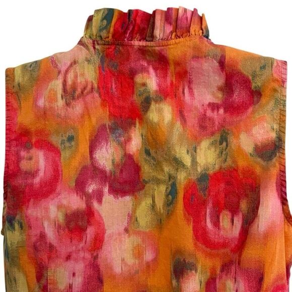 Size 0 Sleeveless Blouse J. Crew 100% Cotton Watercolor Orange Pink Red Floral R - Picture 6 of 8